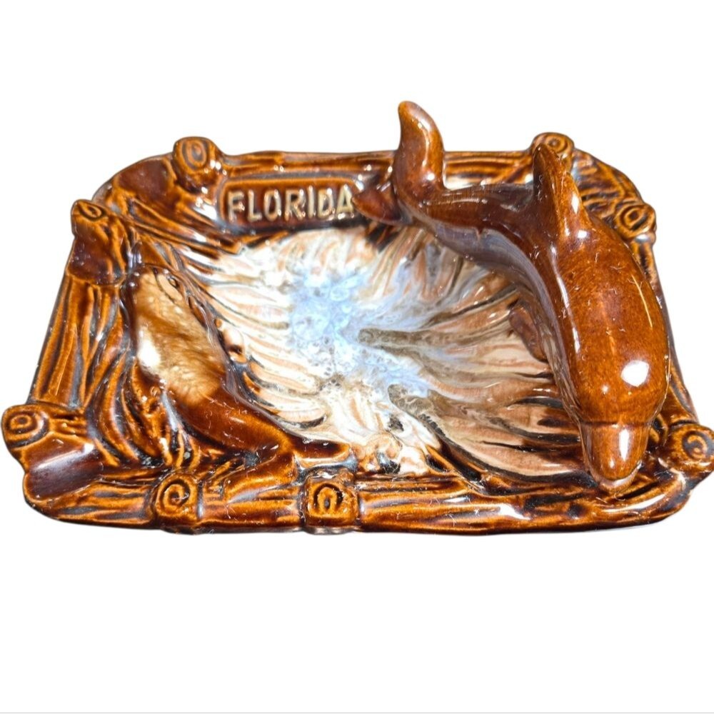 Vintage Brown Glazed Dolphin Topped Florida Souvenir Dripware Ashtray 7"X5.5"X3"